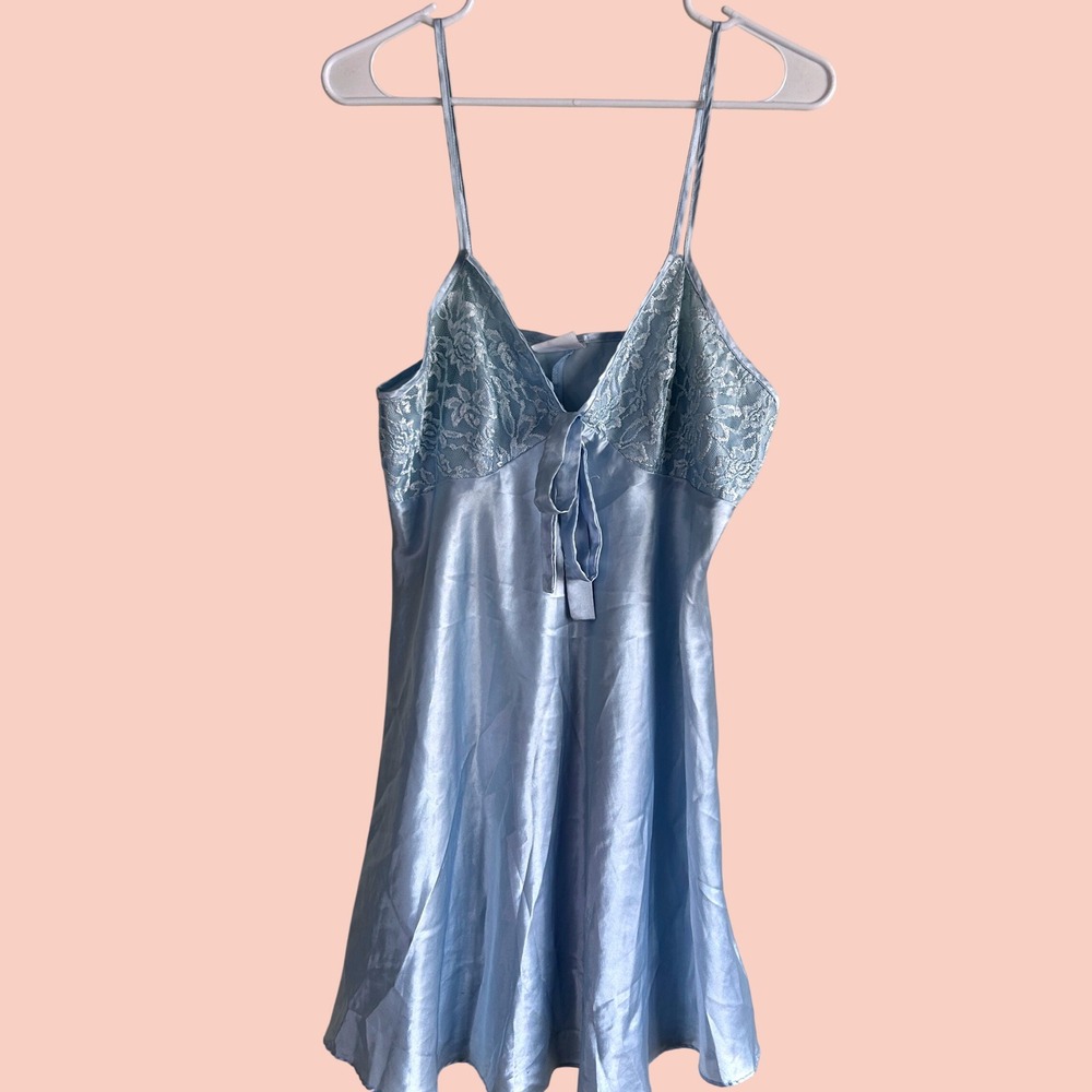 Secret Treasures Chemise Wmn M Blue Satin Lace Bow Slip Dress Nightgown Coquette